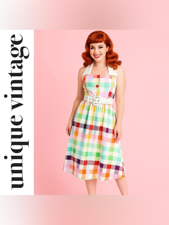Unique Vintage Dresses & Skirts - Unique Vintage Collectif Rainbows Over Hollywood Gingham Halter Swing Dress, NWT